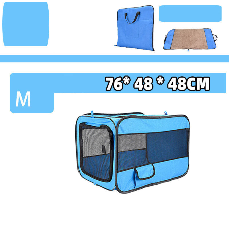 Blue pet carrier with dimensions displayed on a white background
