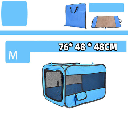 Blue pet carrier with dimensions displayed on a white background