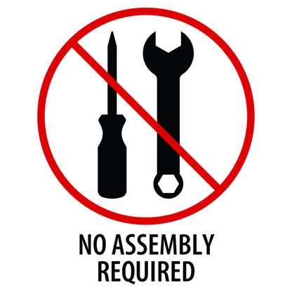 Icon with a screwdriver and wrench crossed out by a red circle, indicating 'No Assembly Required'.
