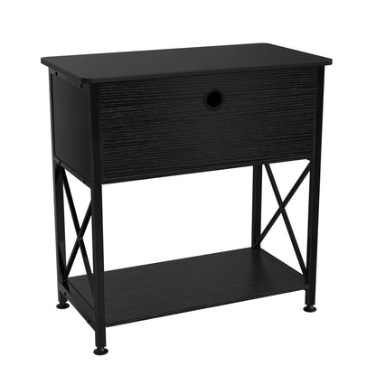 Black nightstand with a drawer and shelf on a white background