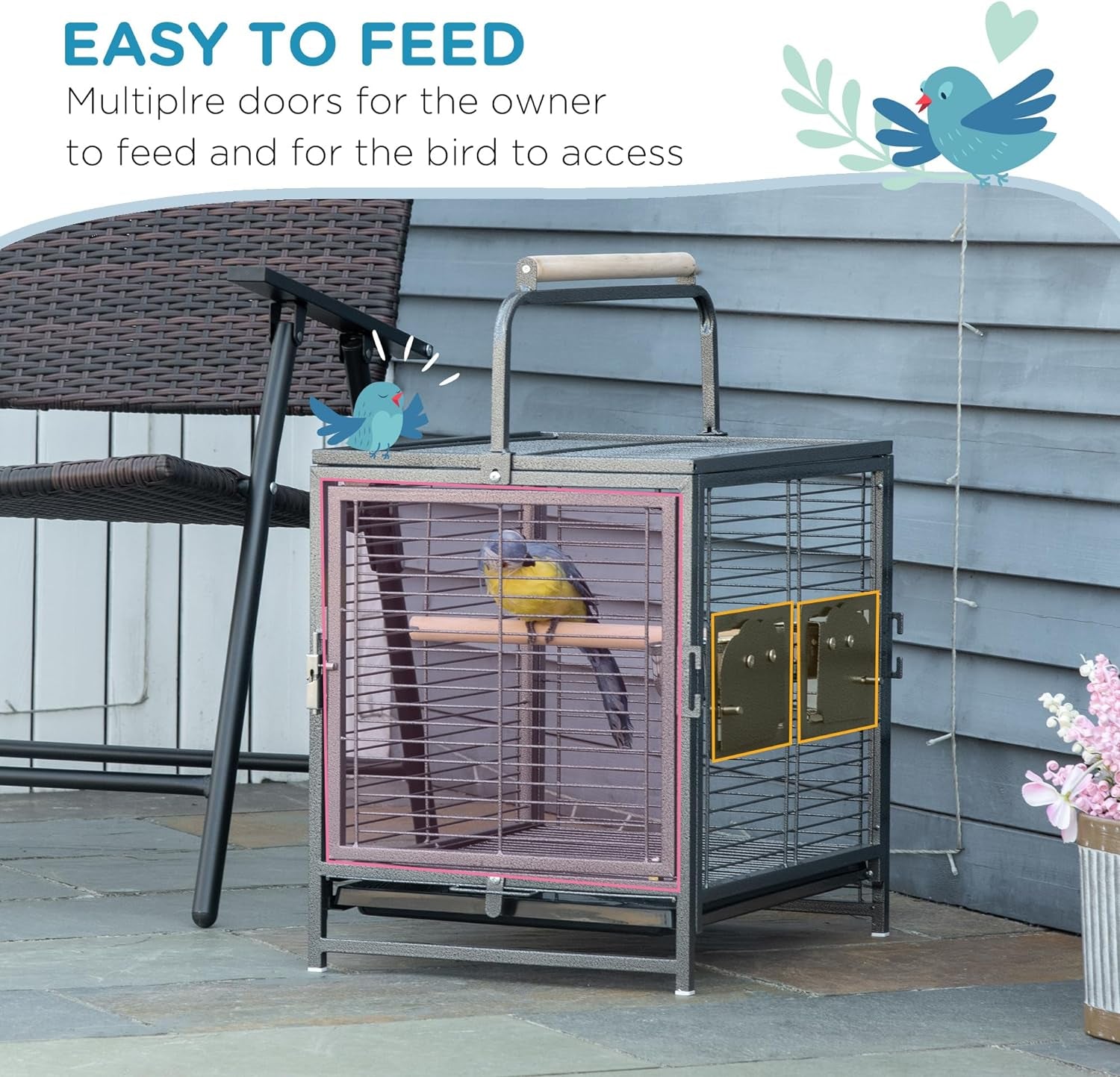 Bird cage with multiple doors on a patio, featuring text about ease of feeding for both owner and bird.
