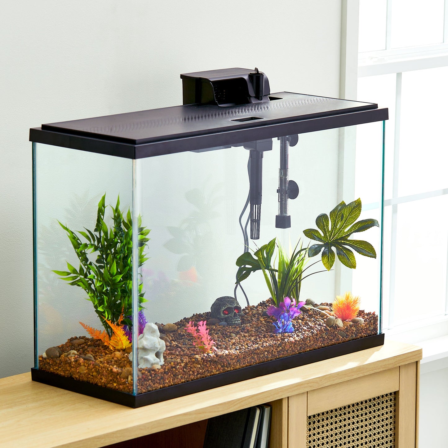 Fish tank with plants and decorations on a wooden cabinet