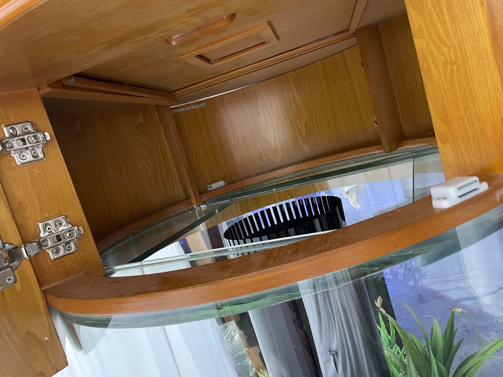 Wooden cabinet with glass door showing a reflection of a room.