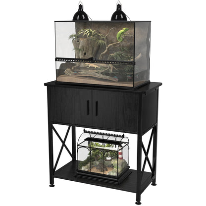 Black pet enclosure with glass doors on a white background