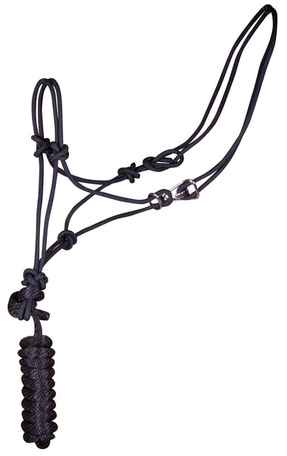 Black rope halter with a lead rope on a white background