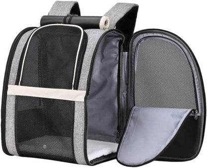 Pet carrier backpack with open flap on a white background
