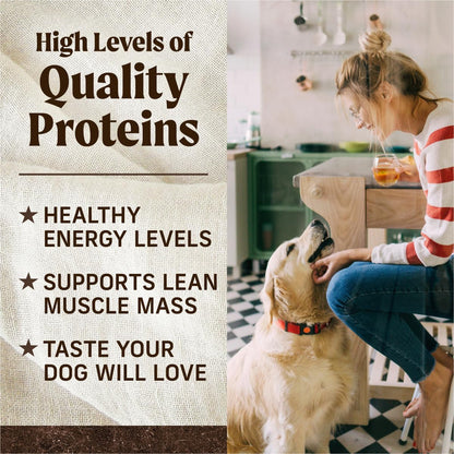 Woman petting a dog in a kitchen with text about high levels of quality proteins.