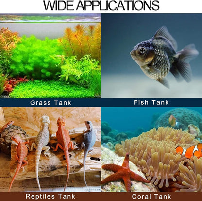 Collage of aquarium scenes including grass tank, fish tank, reptiles tank, and coral tank with text 'WIDE APPLICATIONS'.