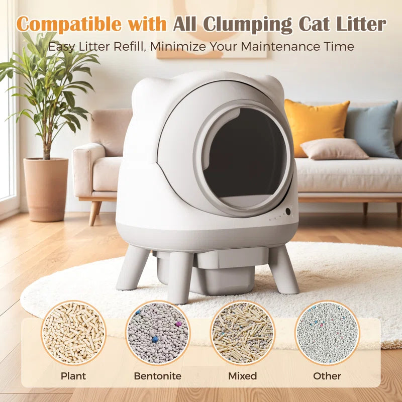 Cat litter box in a living room setting with text about litter compatibility and ease of refilling.