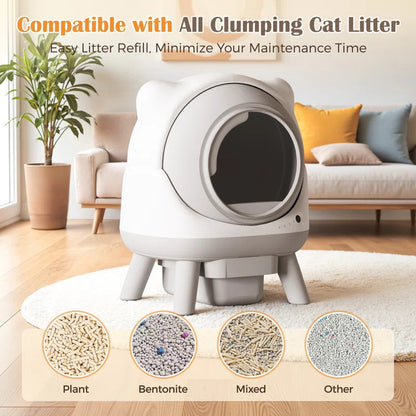 Cat litter box in a living room setting with text about litter compatibility and ease of refilling.