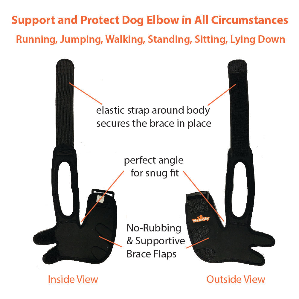 Black dog elbow brace with text describing its features on a white background