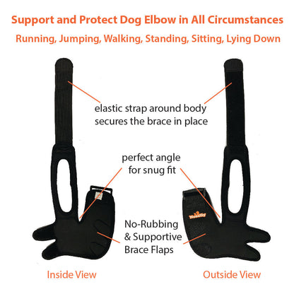 Black dog elbow brace with text describing its features on a white background