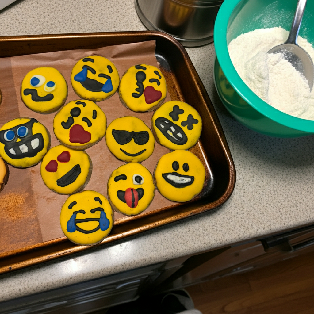 Emoticon cookies on a baking tray with a bowl of flour and a spoon in the background.
