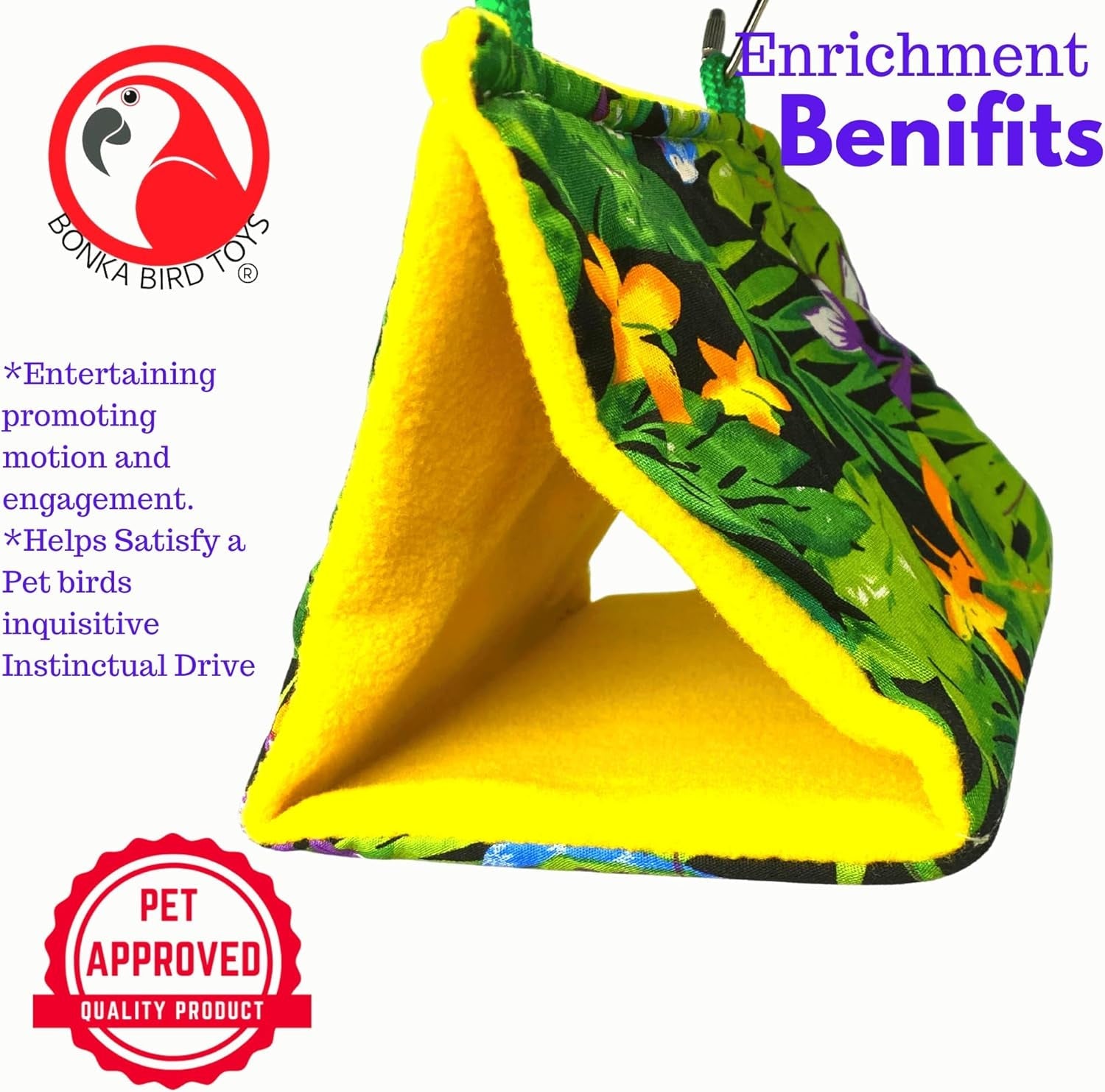 Bird toy with green leaf pattern and yellow interior, featuring Bonka Bird Toys branding.