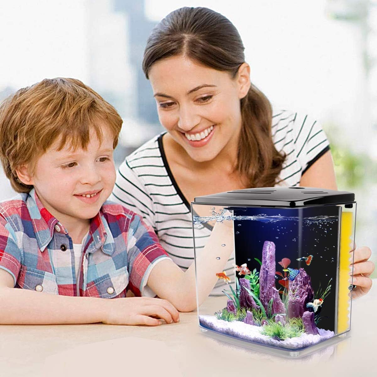 Woman and child looking at a small aquarium with fish and coral.