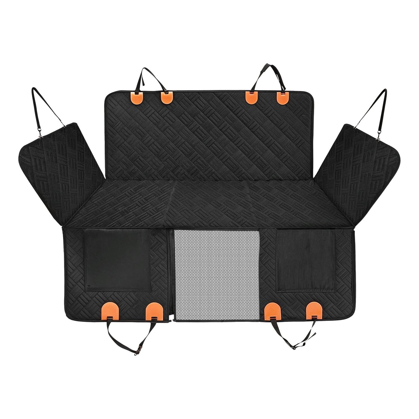Black car seat cover with orange hooks on a white background