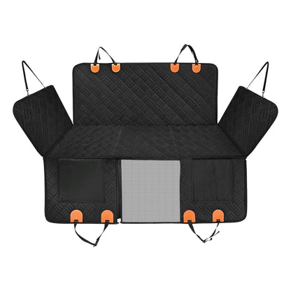 Black car seat cover with orange hooks on a white background