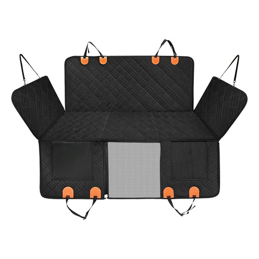 Black car seat cover with orange hooks on a white background