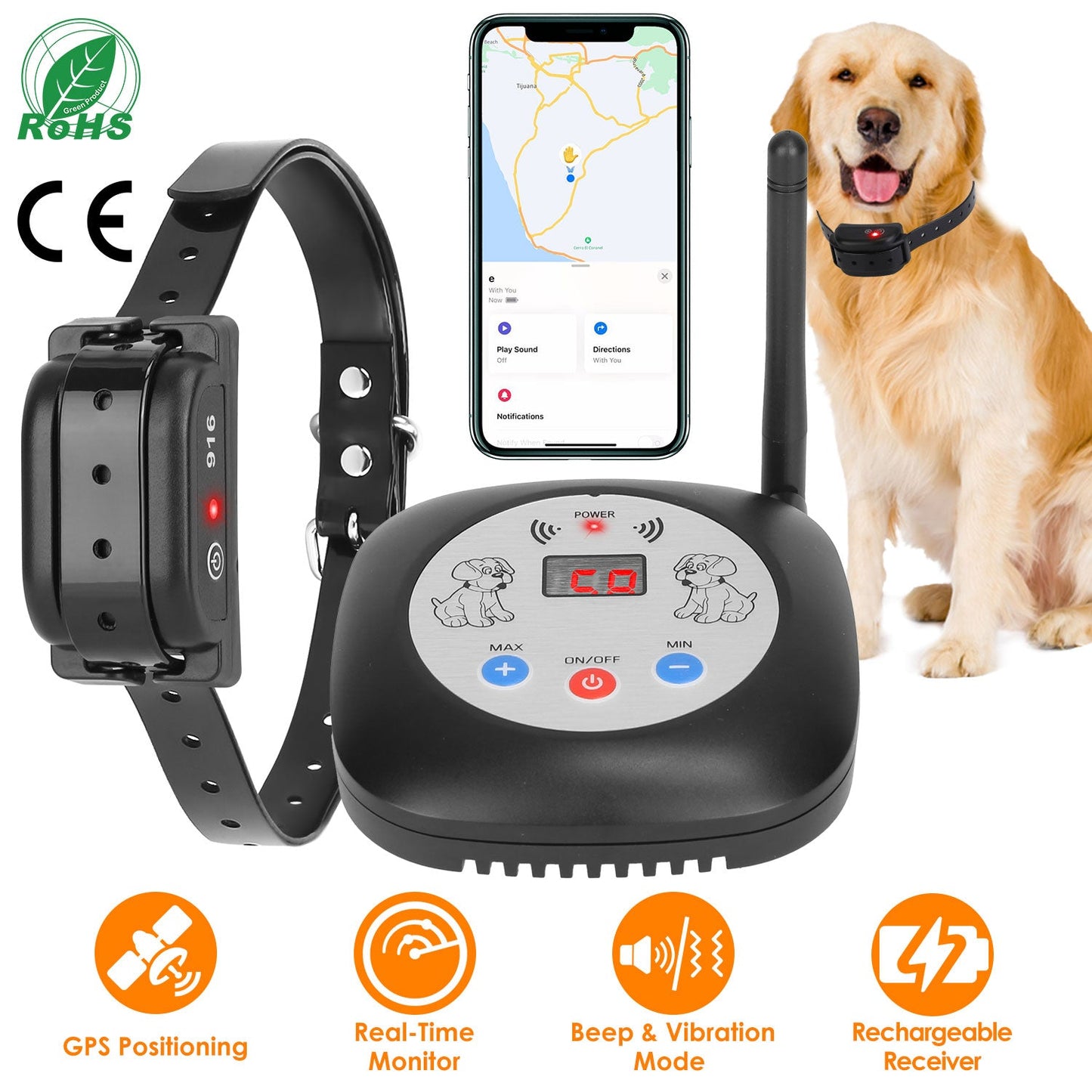 Pet tracking device with GPS, real-time monitor, beeper, and rechargeable receiver features, displayed with a dog and smartphone app.