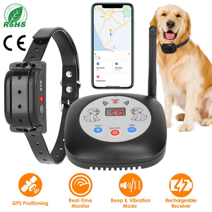 Pet tracking device with GPS, real-time monitor, beeper, and rechargeable receiver features, displayed with a dog and smartphone app.