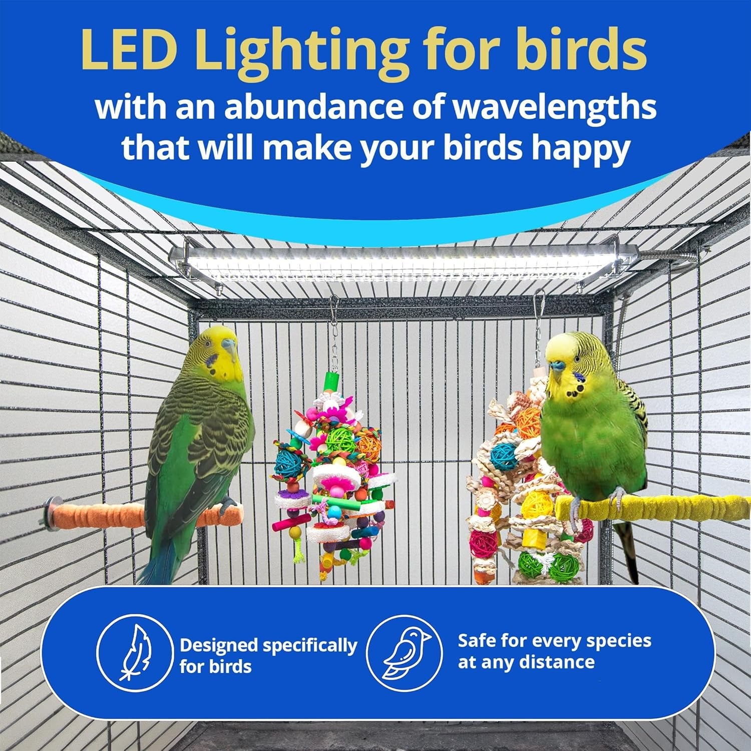 Two birds in a cage with LED lighting for birds, featuring text and icons about the product.
