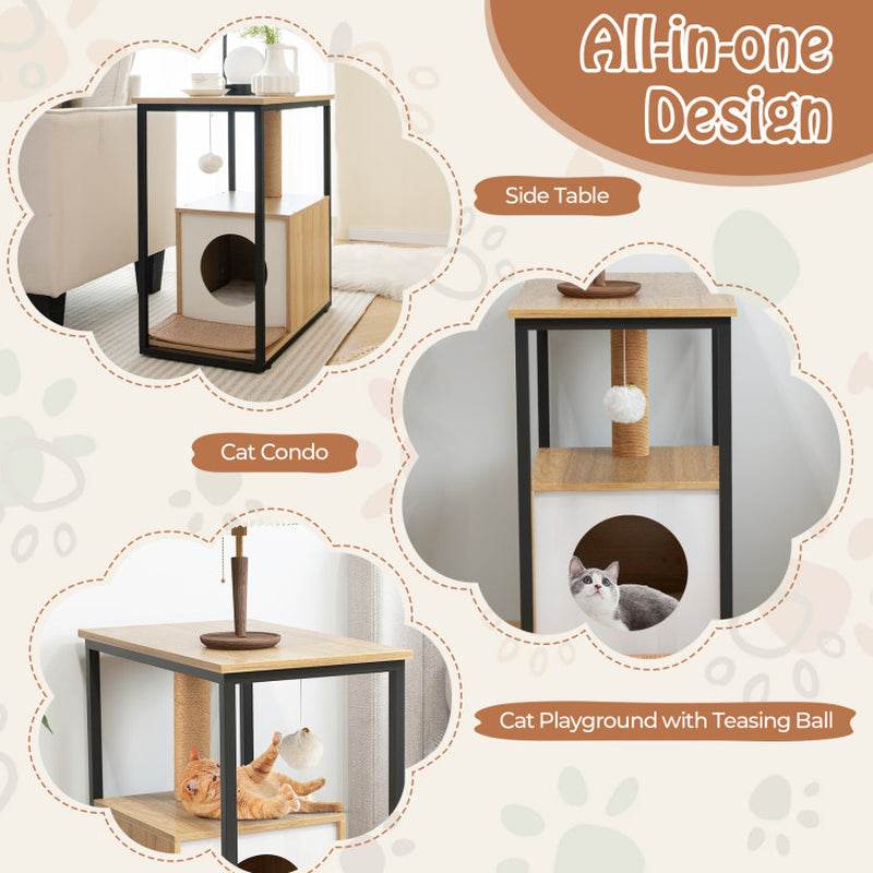 Collage of a multi-functional pet furniture piece with cat condo, side table, and cat playground features.