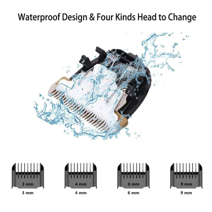 Hair trimmer head with water splash illustration and four comb attachments displayed below.
