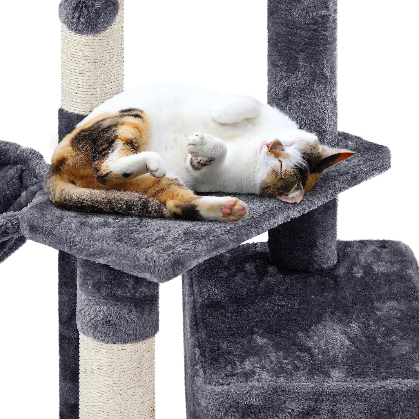Cat sleeping on a gray cat tree with white background