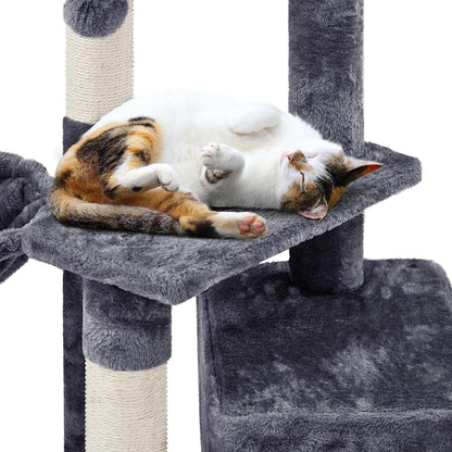 Cat sleeping on a gray cat tree with white background