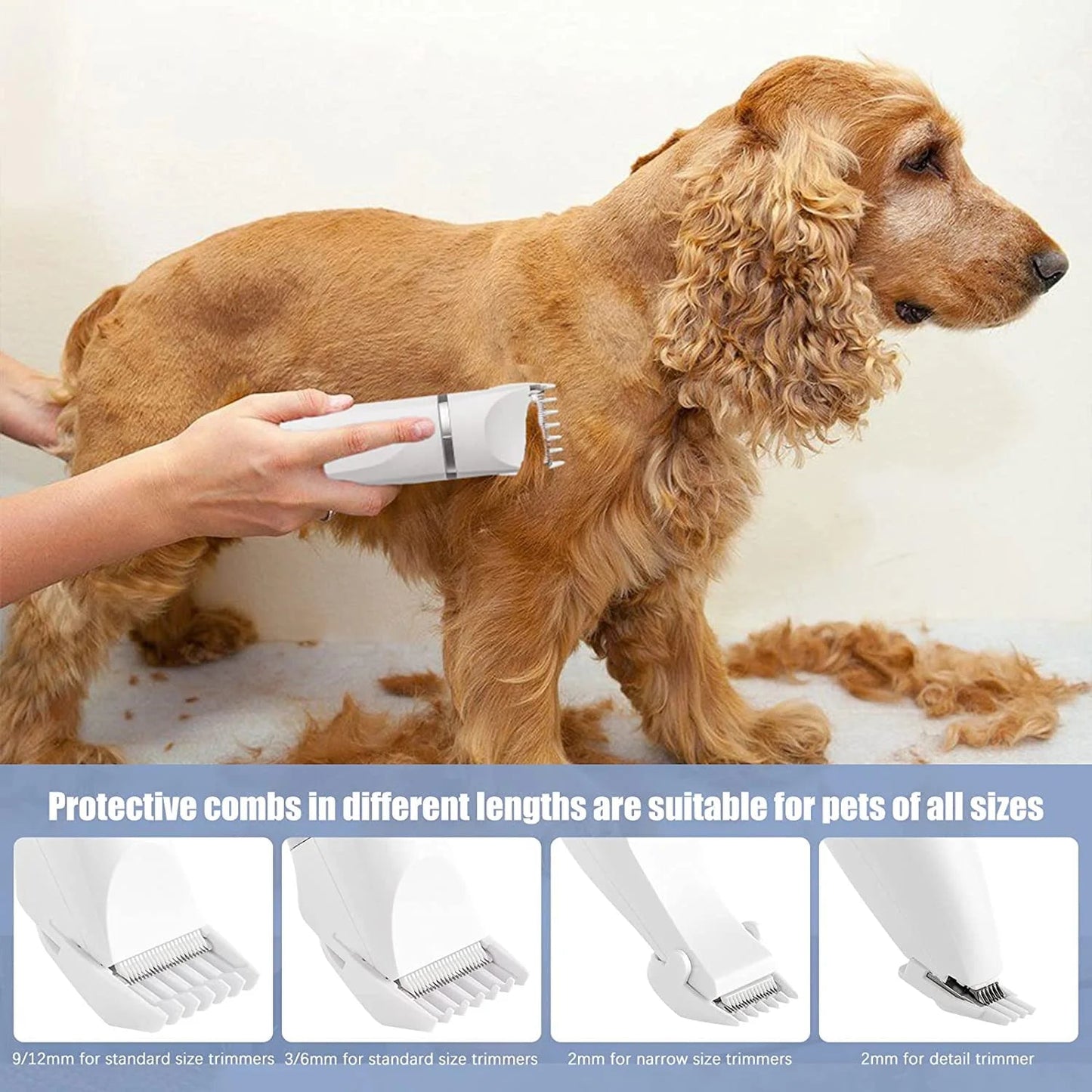 Dog being groomed with a hair trimmer, showing different comb lengths suitable for pets of various sizes.