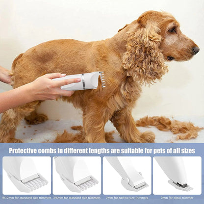 Dog being groomed with a hair trimmer, showing different comb lengths suitable for pets of various sizes.