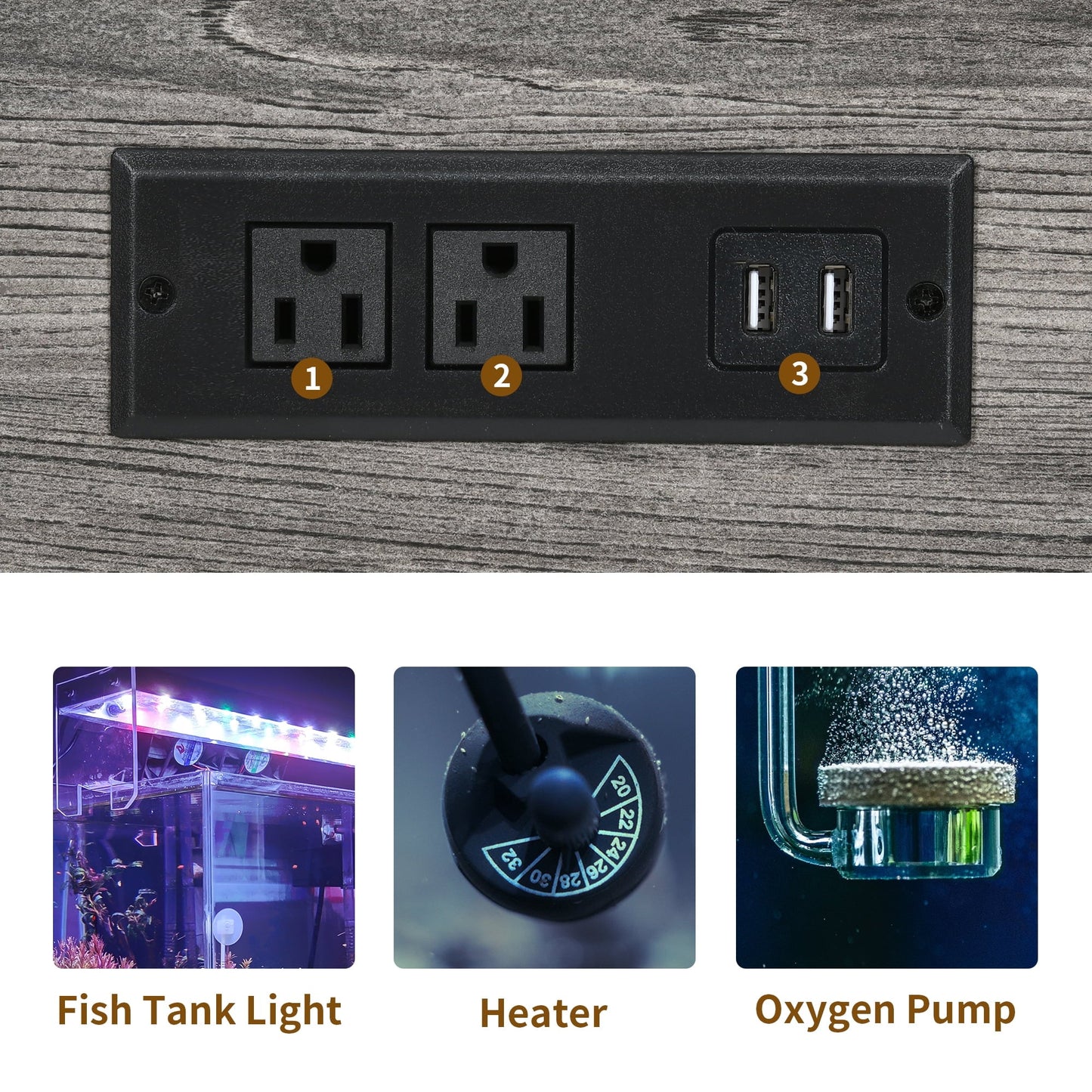 Black electrical panel with sockets and USB ports on a wooden surface, with images of fish tank light, heater, and oxygen pump below.