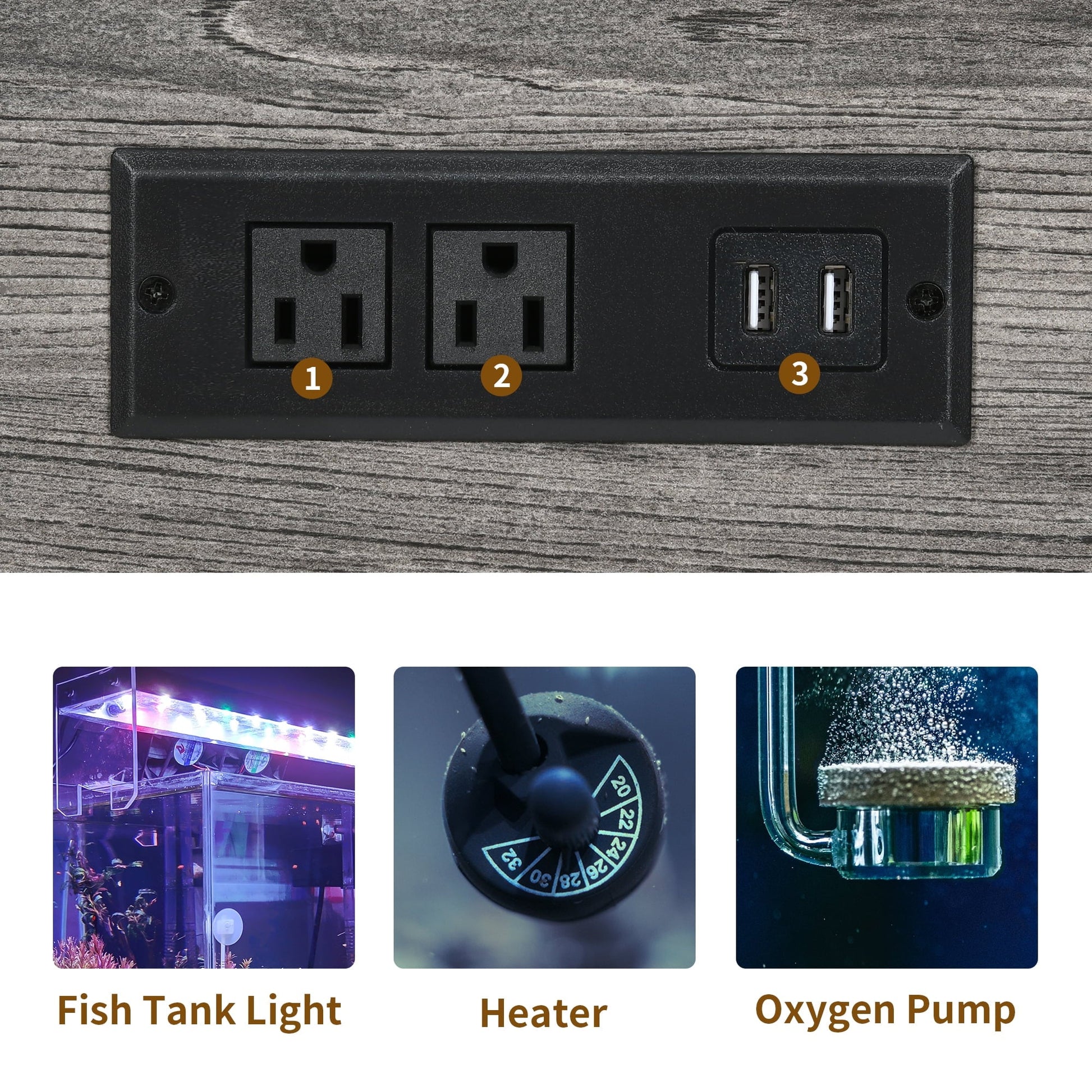Black electrical panel with sockets and USB ports on a wooden surface, with images of fish tank light, heater, and oxygen pump below.