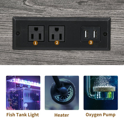Black electrical panel with sockets and USB ports on a wooden surface, with images of fish tank light, heater, and oxygen pump below.