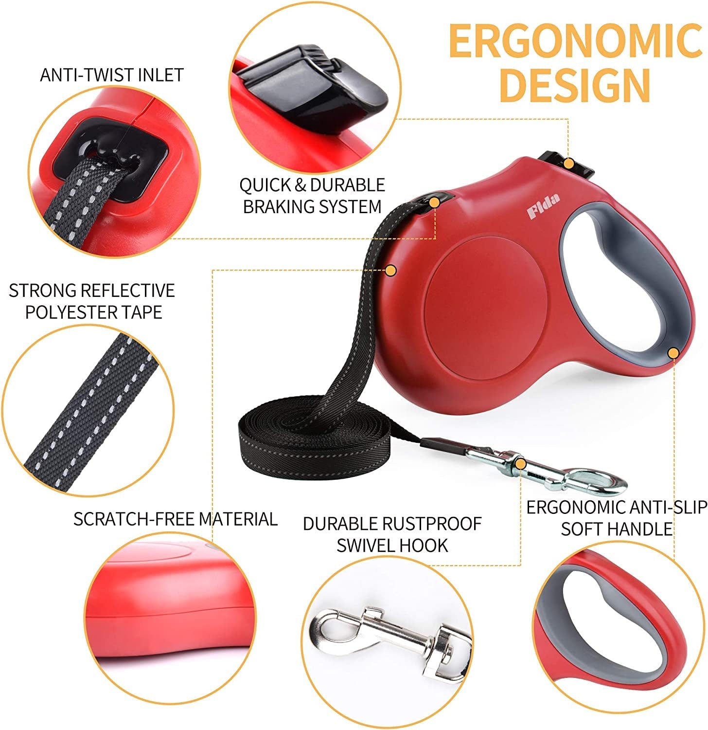 Red retractable dog leash with features highlighted on a white background