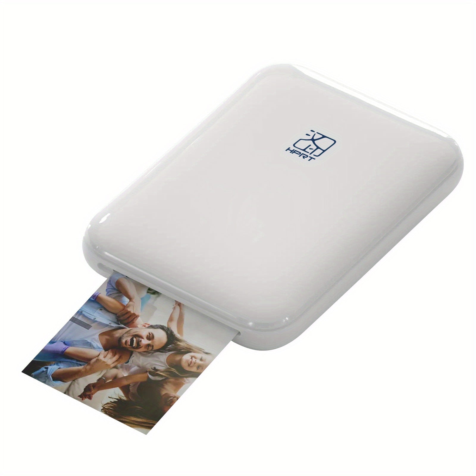 White portable photo printer with a printed photo of people on a white background