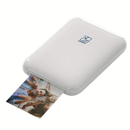 White portable photo printer with a printed photo of people on a white background