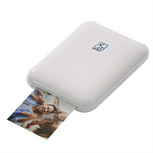 White portable photo printer with a printed photo of people on a white background