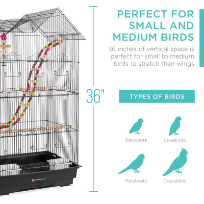 Bird cage with decorative elements and text about bird types and cage dimensions.