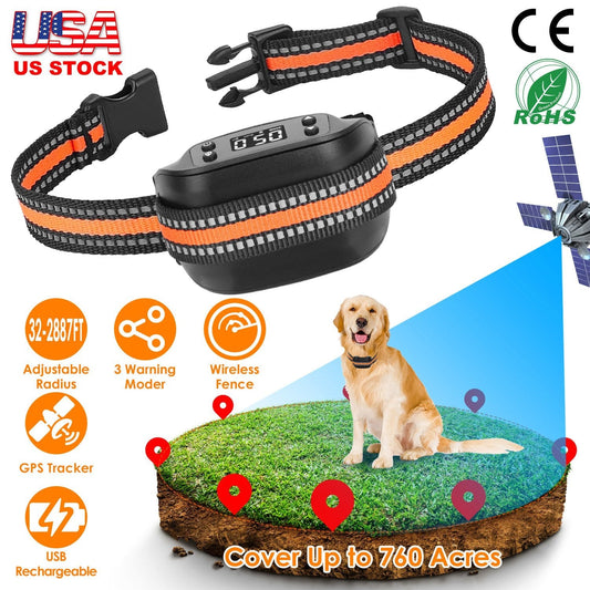 Pet collar with electronic components on a grassy field background, featuring product features and branding.