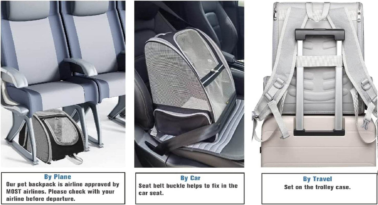 Backpack with car seat and travel case attachments on a white background