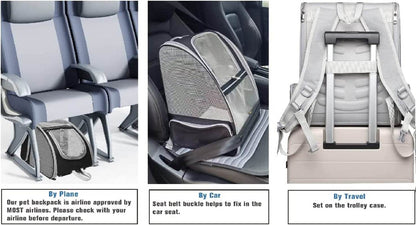 Backpack with car seat and travel case attachments on a white background