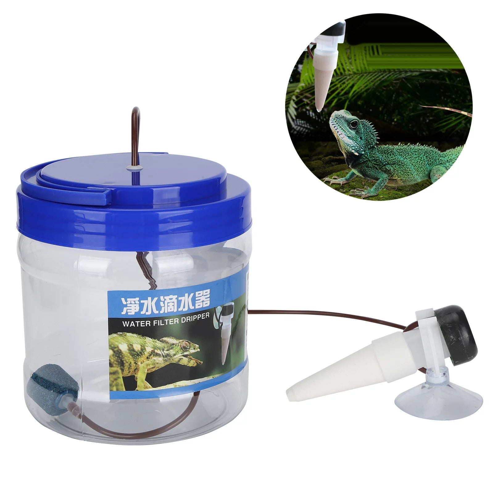 Clear container with blue lid and water filter dripper for reptiles, inset showing a lizard.