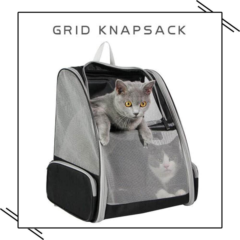 Grid knapsack pet carrier with a cat inside on a white background