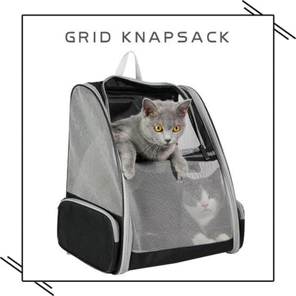 Grid knapsack pet carrier with a cat inside on a white background