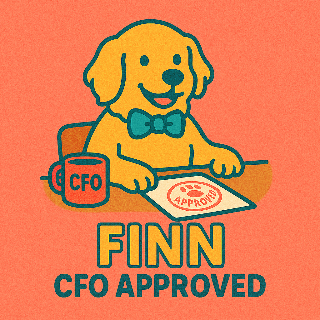 Illustration of a dog with a bow tie holding a mug labeled 'CFO' and a document, with text 'FINN CFO APPROVED' on an orange background.