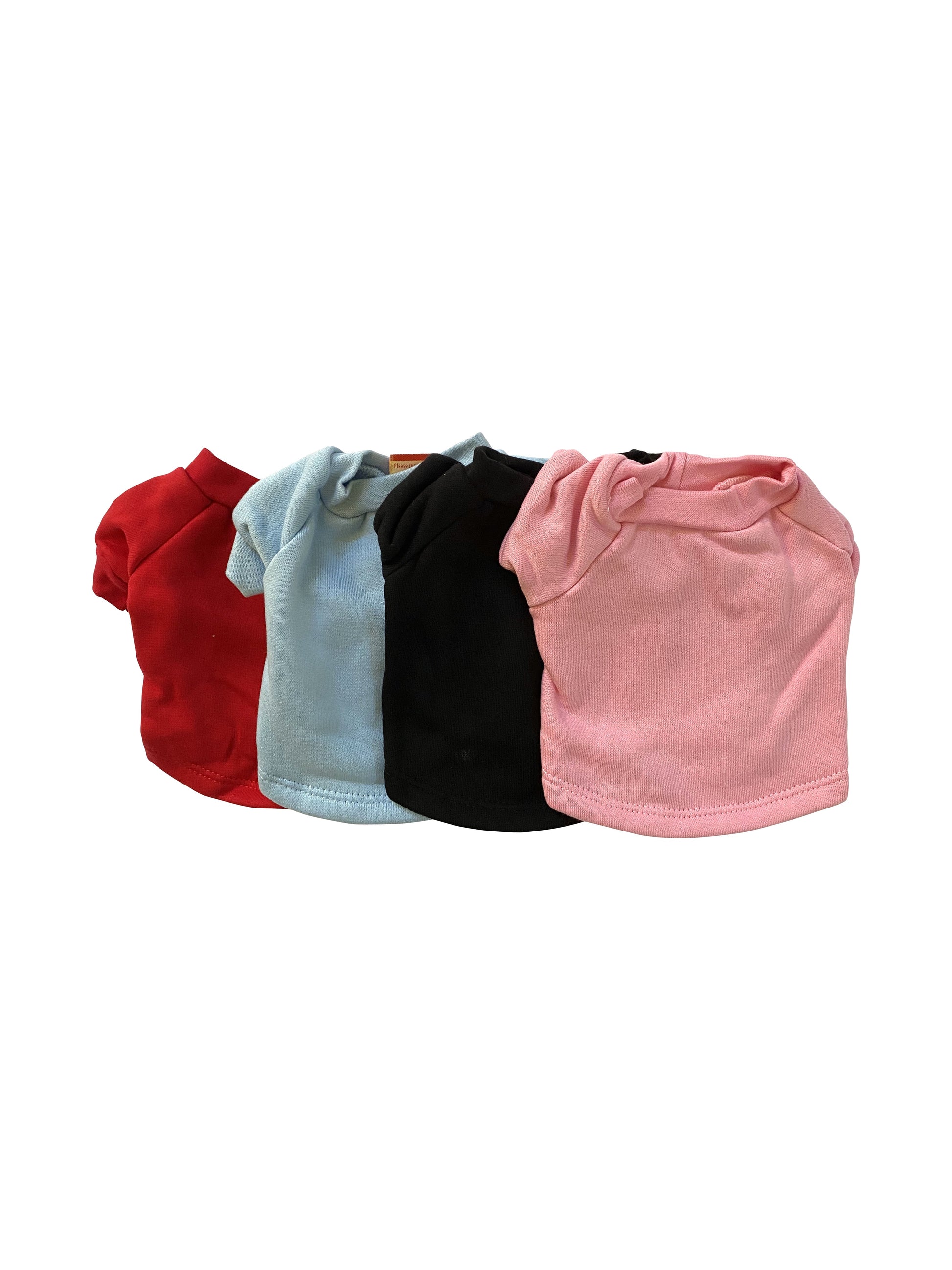 Four small dog hoodies in red, blue, black, and pink on a white background