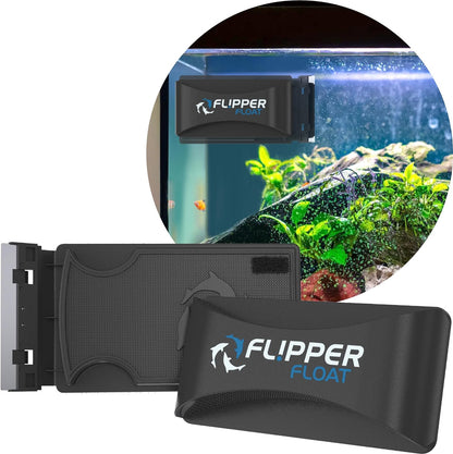 Flipper Float aquarium product with inset showing installation on an aquarium.