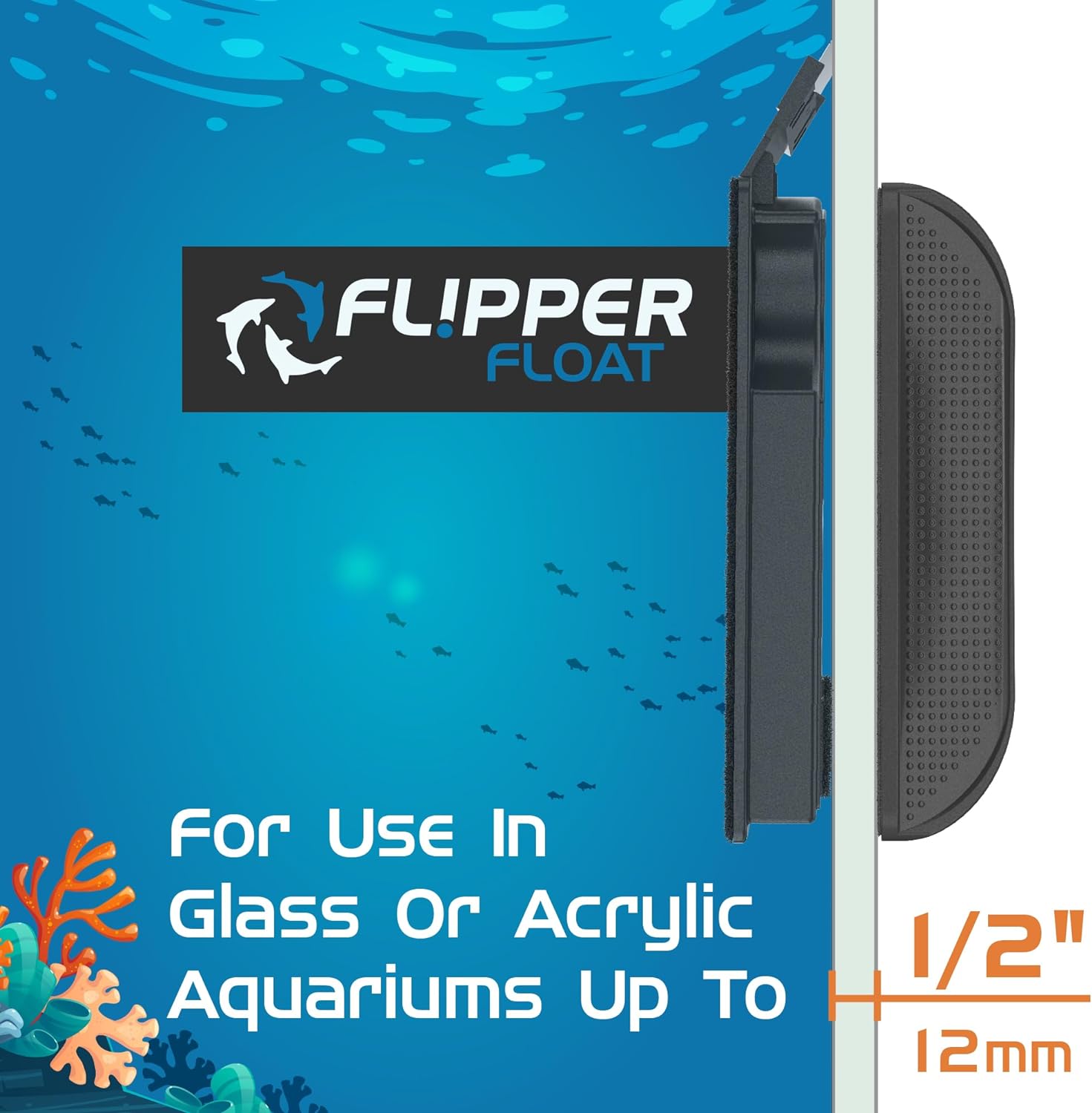 Flipper Float product with aquarium compatibility text on a blue underwater-themed background