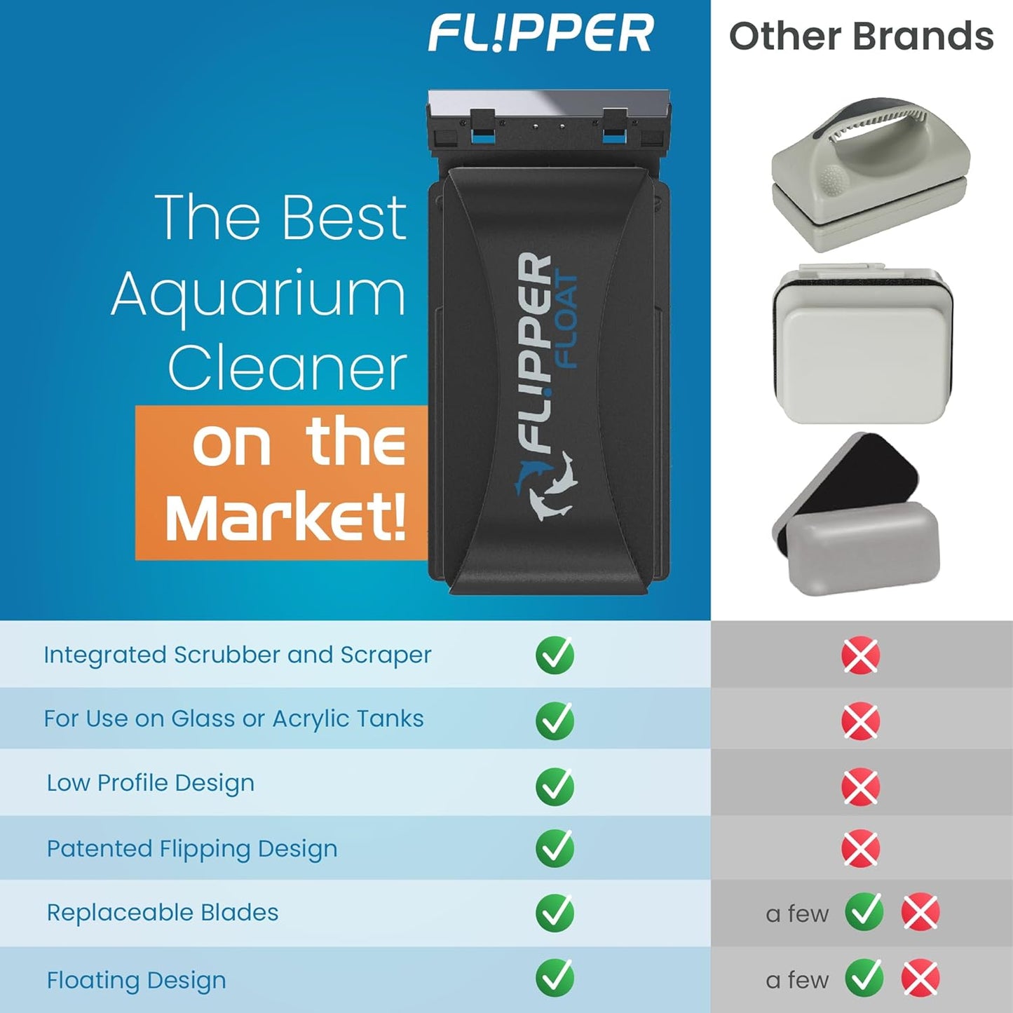 Flipper aquarium cleaner with features listed on a blue background